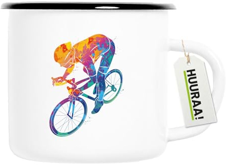 Huuraa Emaille Tasse Radsport bunte Silhouette Geschenk | 300ml Becher Weiß mit Schwarzem Rand Vintage Campingbecher Geschenkidee Kaffeetasse als Wohnwagen Zubehör Campingtasse