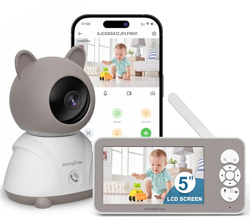 kompinac 5 Babyphone Camera 1080P Vision Nocturne HD Camera Bebe Communication Bidirectionnelle,Alertes Pleurs,Surveillance Mouvements,Application WiFi,Berceuses,Capteur de Température (1080p)