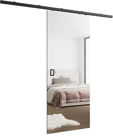 Kier Furniture Schiebetüren Innen Mesto mit Spiegel - Wandschiebetür - Schiebetür Links, Rechts - 16 mm laminierte Platte, Muster auf einer Seite der Tür - Schwarz - 66cm | Schiebetür mit stabilem System, ideal für platzsparende Aufbewahrung im Schlafzimmer, Ankleidezimmer oder Wohnzimmer