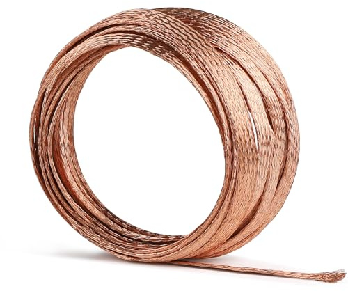 SWAWIS 6m Flaches Kupfergeflechtdraht, Breite 7mm Kupfergeflecht Kabel, 3mm² Blanker Kupferdraht Kupfergeflochtenes für Weiche Verbindung