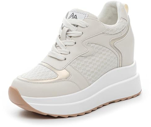 MIEHUIAI Zapatillas Plataforma Mujer Zapatillas de Cuña Deportivas Transpirables Casual Comodos Zapatos Altas Tacón de Cuña 10CM(Beige,36 EU)