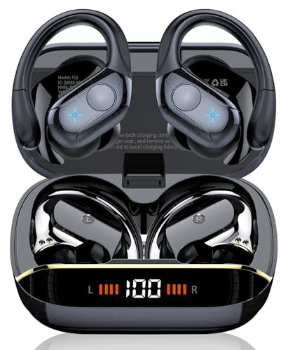 Wireless Earbuds, 75H Bluetooth 5.4 Headphones, Sport Wireless Earphones with 4 ENC Mic, Stereo Bass, IP7, Bluetooth Earbuds with Earhooks for Workout/Running/Work, Dual LED Display Ear buds, Black