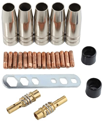 TIOMIOSEA 25-Tlg. MIG/MAG-Schweißzubehör-Set – inkl. 15x Stromdüsen 0,8mm, 5x Schweißdüsen & 5 x Werkzeug – MB15AK Verschleißteile Set Schweißbrenner Ersatzteile