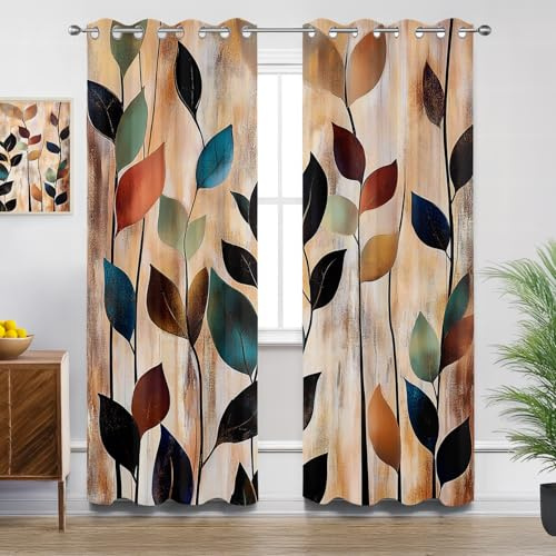 Leaf Bedroom Curtains Eyelet, Vintage Colorful Leaves Botanical Blackout Thermal Insulated Soundproof Curtains for Living Room, W52 X D84, 2 Panels Window Treatments Home Decorations