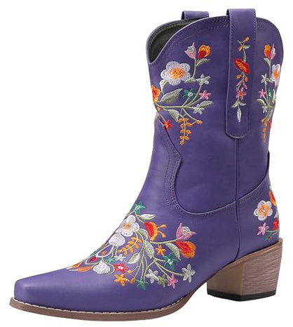 Xbemkste cowboystövlar dam läder blommönster broderi västerländska stövlar halvskaft damstövlar slip-in medelhöga stövlar traditionella stövlar vintage ankelstövlar, lila, 37 EU