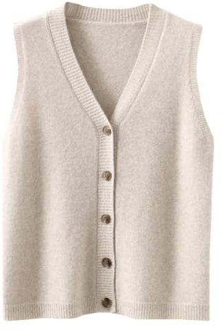 shownicer Pulls sans Manches Femmes Col en V Gilet en Tricot Cardigan avec Bouton A Beige L