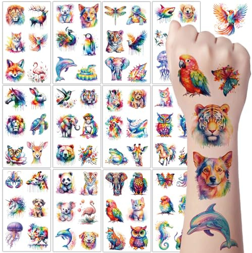 Tier Temporäre Tattoos, 12 Blätter Wasserfarben Tiere Tattoos für Kinder | Kinder Tattoos Hautfreundlich, Schultüte Füllung, Mitgebsel Kindergeburtstag