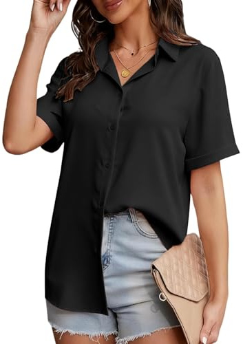 ADUDVLO Women's Short Sleeve Blouses Shirts Stretch Fitted Formal Button Down Shirts Business Work Blouse Summer Casual Tops for Ladi (UK, Alpha, M, Regular, Regular, Black)