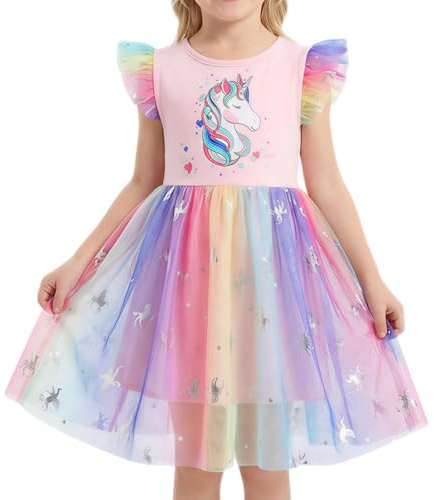 DivingBirds Abiti per ragazze con unicorno, abito in tulle con ruches per bambini, tutù per bambine, abito per piccole signore, abiti estivi per feste, regali per feste, 3-8 anni, rosa chiaro, 6-7