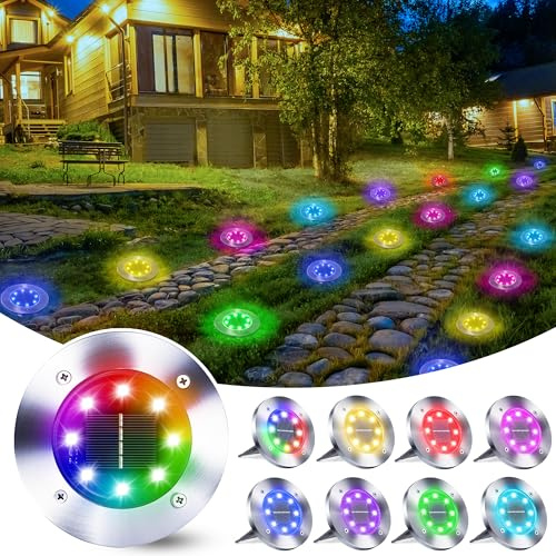 Qedertek Solar Bodenleuchten Aussen Garten, 8 Stück 8 LED Solarleuchten Außenleuchte RGB, Solar Gartenleuchten IP65 Wasserdicht Solarlampen für Außen, Rasen, Gehweg, Patio, Auffahrt