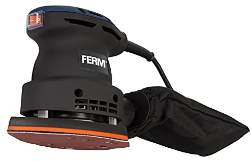 FERM Ponceuse à paume 220W - Patin de ponçage avec Velcro - Incl. sac à poussière, coffret et 10 papiers abrasifs (G80 & G120)