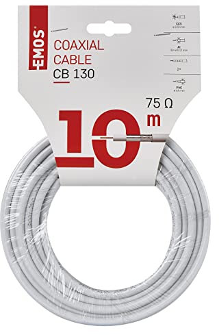 EMOS Câble d'antenne coaxial 10 m blanc pour câblage, TV et satellite, type CB130, câble TV avec blindage 75 dB, résistance 75 ohms