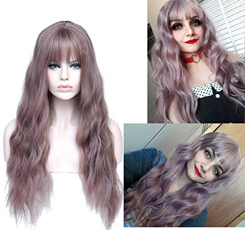 Chisu Pelucas sintéticas con flequillo para las mujeres Glueless Pelucas largo estilo ondulado peluca 26inche color lila