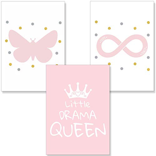 PREMYO Bilder Kinderzimmer Deko Mädchen - Poster Set Babyzimmer - Wandbilder Schlafzimmer Queen Schmetterling Rosa A4