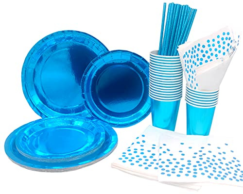 INHEMING Blå pappersservis set 99 stycken pappersservis set innehåller papperstallrikar pappersmugg servett papper sugrör, för baby shower pojkar födelsedag årsdagar (25 gäster)