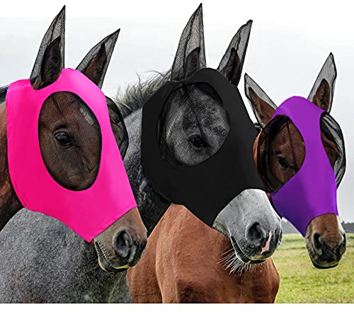 Weewooday 3 Pcs Horse Fly Masks for Horses Fly Masks with Ears Smooth and Elasticity Fly Mask with UV Protection(Purple, Black, Pink, L)