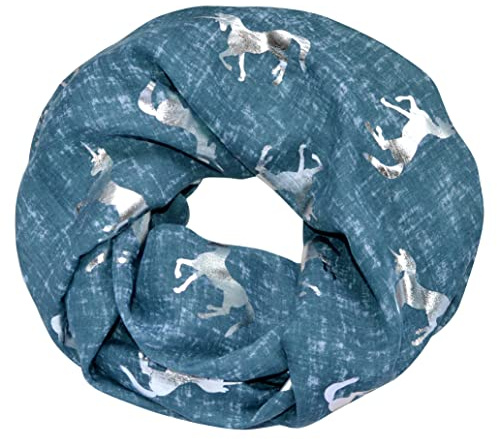 thb Richter Loopschal Meliert Schlauchschal mit Einhorn Unicorn Muster Pferd Horse Metallic Aufdruck Silber Glitzer Glanz Glänzend Rundschal Weich Soft Schals Tücher