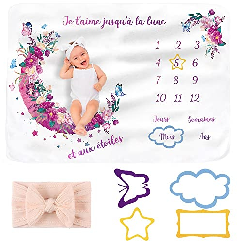 SIMSPEAR Couverture Etape Bébé, Tapis Mois Bébé pour Filles ou Garçons,Cadeau Baby Shower pour Maman avec 4 Cadres Photo Couverture Douce,Couverture Photo Bebe Mois 130X100cm