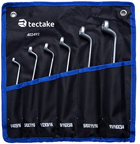 tectake® 6-Piece Double Ring Spanner Set, 12-Side Profile, Compact Spanner Set w/10 Sizes, Corrosion-Resistant, Roll-Up Case