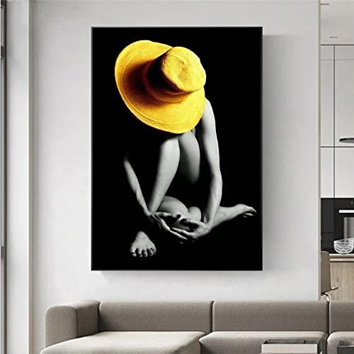 Leinwand Bilder Mit Rahmen, Sexy nackte Frau Leinwand Gemälde moderne Poster und Drucke Mädchen tragen gelben Hut Wandkunst Bild Schlafzimmer Dekor 50x75cm gerahmt