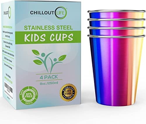 Stainless Steel Kids Cups 8 oz - Stainless Steel Small Children Cups for Home & Outdoor Activities, BPA Free Unbreakable Premium Stackable Metal Drinking Glasses (4-Pack) - Rainbow Colorful Finish