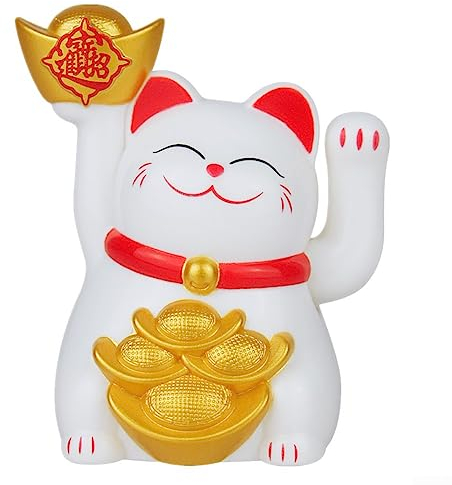 Lucky Cat Waving, 5,1 cm, solarbetrieben, automatisch, winkend, Glückskatze, Autokassette, Ornament, Shop, Feng Shui, Katze, Weiß