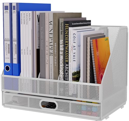EasyPAG 5 Fächer A4 Metall Büro Schreibtisch Organizer Dokumentenhalter Aktenablage Zeitschriftenhalter Briefablage Papier Magazin Organisator mit Schreibwaren Schublade,Weiß