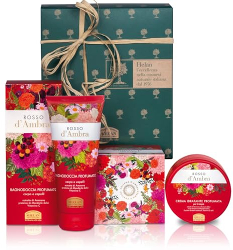 Helan, Rosso d'Ambra - Set de Regalo Mujer con Gel de Ducha y Champú sin Sulfatos ni Parabenos con Vitamina C 200 ml + Crema Hidratante Corporal Piel Seca con Aceite de Almendras 200 ml, Made in Italy