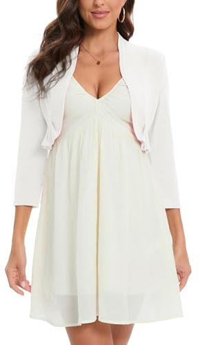 Hobrounn Bolero Damen Festlich 3/4 Ärmel Elegant Strickjacke Kurz Cardigan Bolerojacke Open Front Shrug Oberteile für Cocktail Party Hochzeit(Weiß,L)