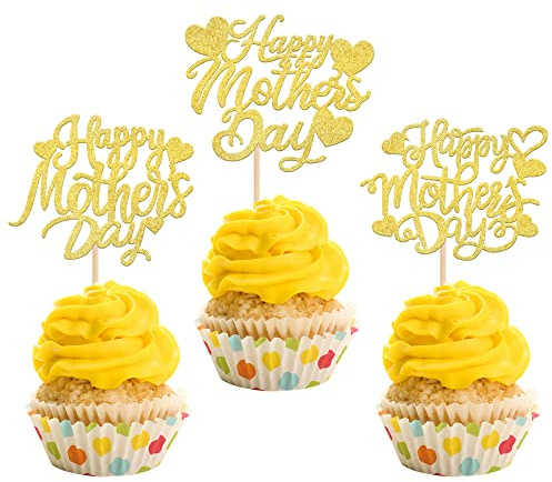 Xsstarmi 30 Pack Happy Mother's Day Cupcake Toppers Glitter Heart Best Mom Cupcake Picks for Happy Mother's Day Theme Birthday Party Cake Decorations Supplies Gold