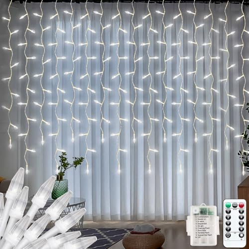 CORST Luces de carámbano de Navidad de 3 m x 1 m para exteriores, funciona con pilas, con forma de diamante, luces LED para colgar en la habitación, luces de pared de cascada, 8 modos, impermeable