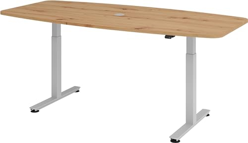 bümö elektrisch höhenverstellbarer Konferenztisch in Asteiche 220x103 cm, Gestell: Silber - Besprechungstisch rund-oval, großer elektrischer Meeting Tisch für Konferenz & Besprechungsraum