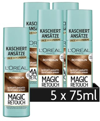L'Oréal Paris Ansatz-Kaschierspray für stufenlose und natürliche Übergänge, Kaschiert Ansätze bis zur nächsten Haarwäsche, Magic Retouch, Rotbraun, 1 x 75 ml (Packung mit 5)