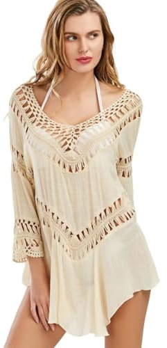 Jinsha Dam baddräkt med virkad strandkjol, bikinitopp stickad poncho sommar kamouflage bikini, 118a beige, M