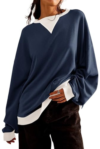 Imily Bela sweatshirt damtröja överdimensionerad långärmad tröja rund hals utan huva tröja casual skjorta Y2K toppar toppar., Marinblå, M