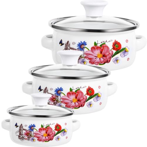 BCOATH Enamel Soup Pot Set 3 Pieces Double Handles Flat Bottom Stockpots for Electric Induction Stoves Small Size Ideal for Cooking Soups Stews Milk and Oatmeal