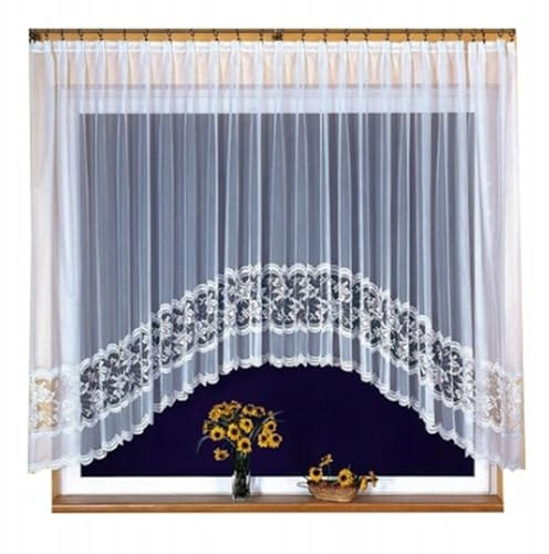 Gardinen Vorhangen Weiß 350x120 cm (BxH) Dominika Stores Gardinen mit Kräuselband Kurz Jacquard Scheibengardine Wohnzimmer Vorhänge Fertiggardine Küchengardinen Bogen Kurzstores