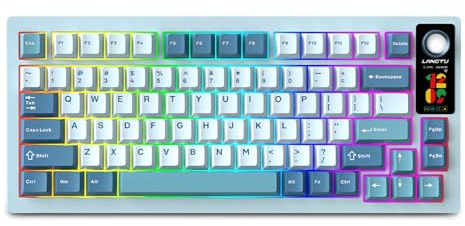 FKZ LT75Pro Wireless Mechanical Keyboard with Color Screen&Knob,75% Hot Swappable Pre-lubed Switch Gasket Mount Custom RGB Gaming Keyboard BT5.0/2.4G/Type-C Wired NKRO Creamy Keyboard (Lake-Blue)