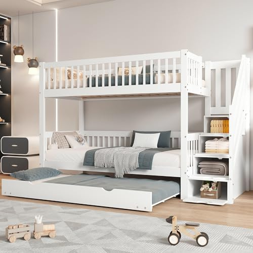 Gelukueub Letto a castello con letto estraibile, letto per bambini con scala e armadio e barra di sostegno, con protezione anti-caduta su tutti i lati, pino+MDF, bianco, 90x200/190 cm