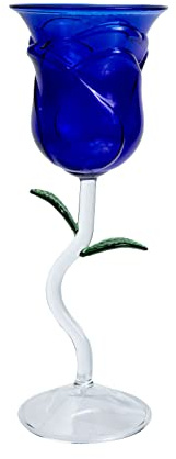 SHOWERORO Rose Flower Goblet Glass Cocktail Wine Glass Blue Colored Decorative Stemware for Party Tableware and Bar Use