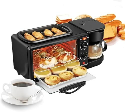 Stazione per la Colazione da 9 Litri, Macchina per la Colazione 3 in 1 con Funzione Macchina da caffè/Padella, Forno Elettrico con Temporizzazione del Controllo della Temperatura, per Pane,