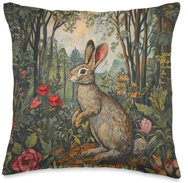 William Morris Style Rabbit in Forest Design, Vintage Bunny Throw Pillow