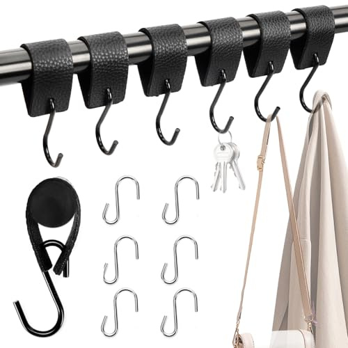 Hossom 12 Ganchos en Forma de S con 6 Cuero Anticaída, 6 Negro y 6 Plata S Ganchos para Colgar Para barras de hasta 3,5 cm de diametro, Ganchos de Metal S Gancho para abrigo, toalla, cocina, baño