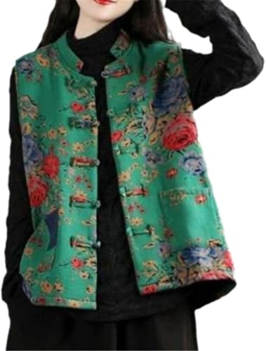 Giacca imbottita da donna in stile cinese, stile vintage, floreale, trapuntata, senza maniche, con chiusura a nodo tradizionale, top orientale, retrò, bohémien, etnico, capispalla Hanfu, S2, 4XL