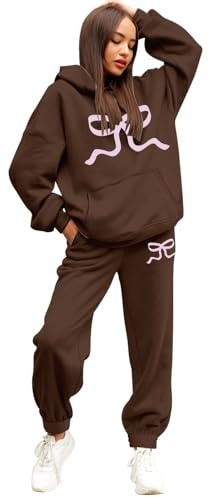 Ensemble Jogging Femme - 2 pièces Survetement de Sport Pantalon Et Sweat à Capuche Survetement Femme Ensemble Chic Et Elegant Ensemble Imprimé Femme Vetement De Sport - Café