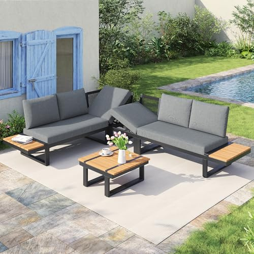Gartenmöbel-Set, Balkonmöbel-Set mit 2 Relaxsofa und Couchtisch, Eckposition mit verstellbarer Kippfunktion (5-stufig, bis 55°), verzinktes Stahlrohr, Tischplatte Kunststoff-Holz, mit Ablageflächen