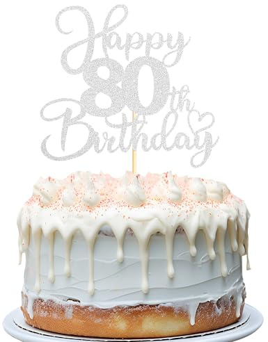 Sotpot 80th Birthday Cake Topper Double‑sided Silver Glitter Cake Pick 1 pack for 80th Birthday Anniversary Party Decor Supplies
