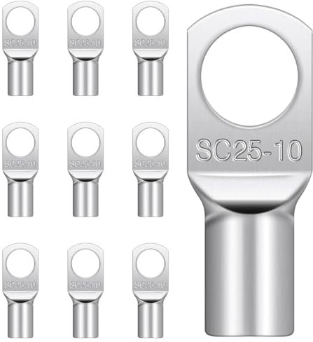 QZKJQDD 10 Pcs Cable Lugs M10, Cable Lug Terminals Connectors M8, Ring Lugs Connector M10, SC25-10 Copper Tube Battery Cable Ends Lugs Battery Terminals Connectors Tinned Copper Crimp Lugs