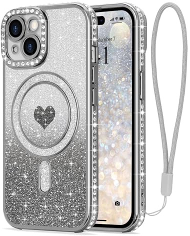LAPOPNUT Magnetic Glitter Case for iPhone 15 with Wrist Strap,Silver