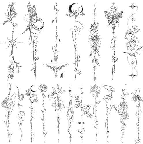 CHARLENT Minimalist Flower Temporary Tattoos for Women, Line Art | 45 Pcs Fine Line Fake Tattoo Stickers with Words, Realistic Waterproof Long Lasting Designs for Arm Back Leg Body